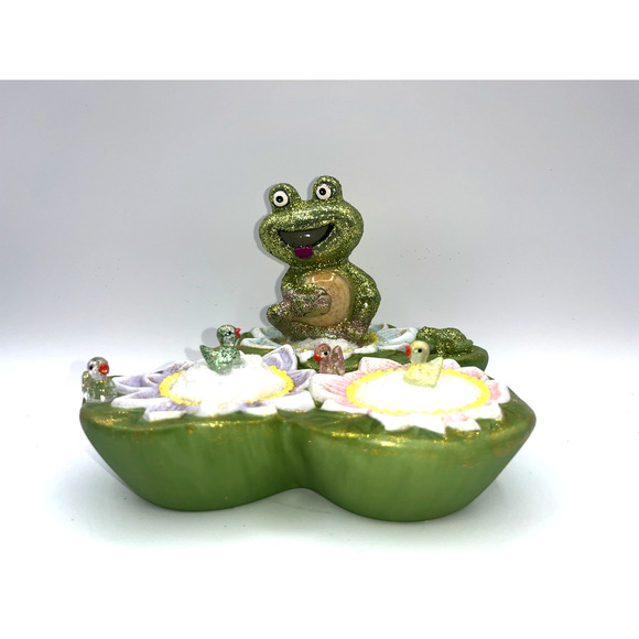 Vintage Ceramic Green Frog on Lilly Pad Ducks Deb O. Original OOAK Spring Decor - Picture 3 of 16